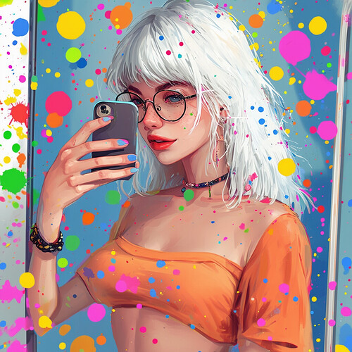 A young bespectacled woman with white hair stands before a mirror taking a selfie on her phone, wearing a cropped shirt that reveals her midriff. Vibrant colorful dots are splattered randomly across the minimalist scene.