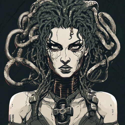 Medusa from Greek mythology with cybernetic snake hair and a fierce gaze, in a gritty cyberpunk setting