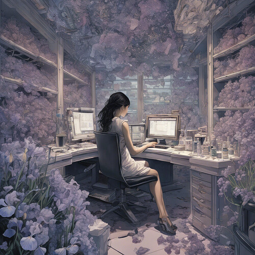 an eerie rendering of a young lady at her workstation, irises bleached and lifeless, cosmetic applications ruined, prescription drugs littering the area near the display, utterly transfixed by the void as she reflects on the grand intricacies and scale of existence, all framed within an ultra-modern, chic atmosphere