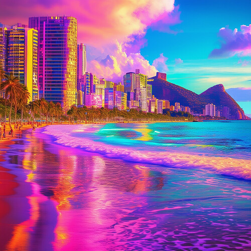 Leblon Beach depicted in vibrant colors and a futuristic theme, showcasing a modern, dynamic atmosphere