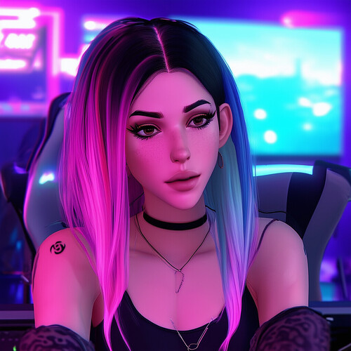 a dynamic illustration of the vivacious Duda Games, flaunting her signature blonde and green tresses, perfectly applied eyeliner, fully engrossed in GTA RP and entertaining her Twitch audience from within her lively gamer haven