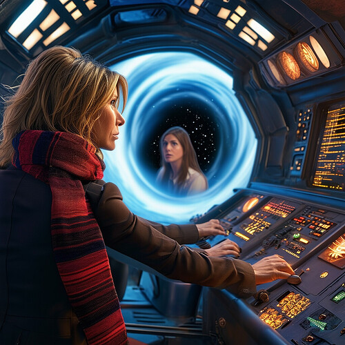 Jennifer Aniston starring as the newly regenerated 13th Doctor wearing Tom Baker's famous long striped scarf, operating controls in a hybrid Tardis/Endurance flightdeck while Ross Geller and Phoebe Buffay are visible looking anxious through an interstellar wormhole in the space-time vortex