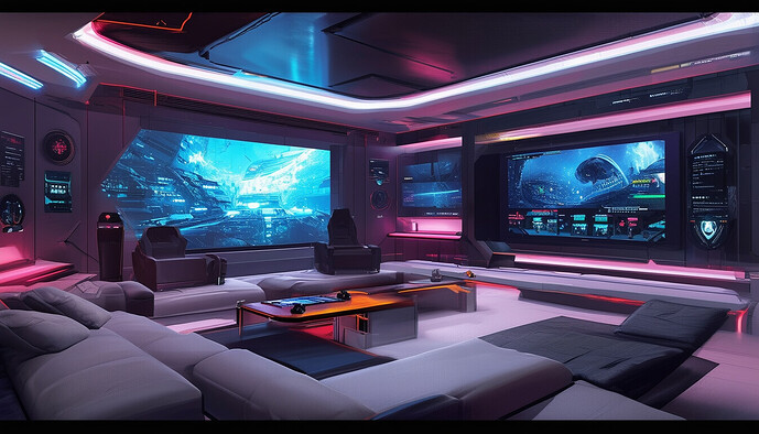 concept art of a millionaire gamer's den, sleek minimalist design, wall mounted displays, sci-fi technology everywhere