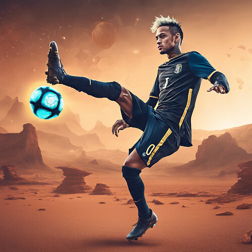 surreal image of soccer star Neymar juggling a glowing anti-gravity soccer ball on the desolate Martian landscape