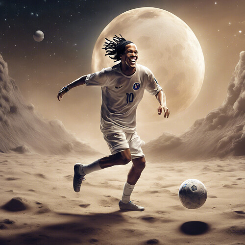 a surreal scene of a bald Ronaldinho playing soccer on the moon, with his iconic smile beaming