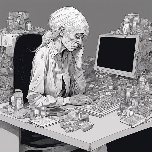 a heartbreaking portrait of a gaunt, white-haired female figure, emotionally numb and empty-eyed, hunched over her computer with medication nearby, her mind adrift in the overwhelming vastness of existence