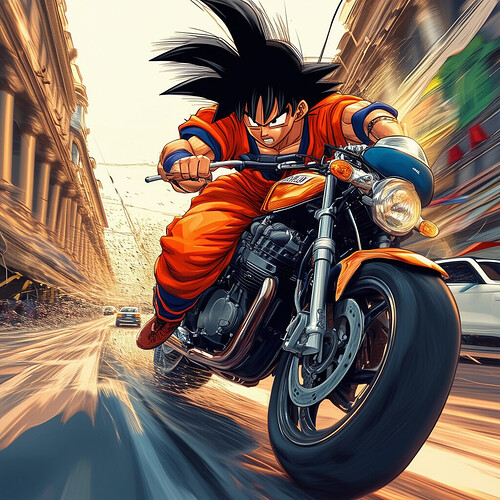 Son Goku using his super strength to effortlessly handle a Yamaha XJ6 café racer through heavy traffic in Rio, depicted in dynamic perspective leaning hard into an uphill sweeper, the facade of the Theatro Municipal visible ahead, his spiky hair adding wind resistance