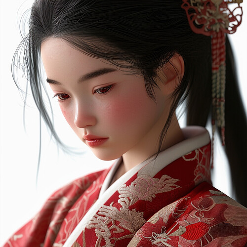 Photorealistic young teen portraying Nezuko in finely embroidered period garment, skin blemish-free, jet hair partially obscuring downcast eyes radiating crimson energy, fine features including button nose and rosy lips captured with depth, texture and studio quality lighting