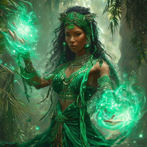 An otherworldly portray of a rainforest sorceress, her curves adorned only by a tiny glittering emerald assemblage, summoning the mystic energy of the trees as shafts of emerald light bathe the frame, envisioned through an ultramodern lens