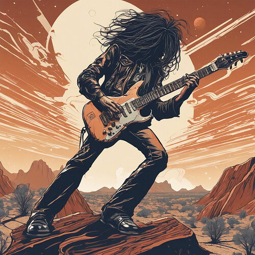 a dynamic illustration of a rock guitarist with lengthy tresses jamming on his guitar, with Mars' terrain and sky in the background