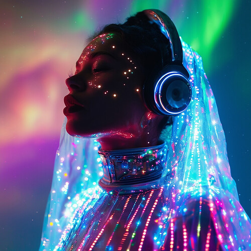 Portrait of a sci-fi songtress enveloped in sheer flickering auroras, wearing an interstellar jumpsuit with embedded LED strips pulsing in sync with her ornate holographic audio rig broadcasting euphoric notes across the universe