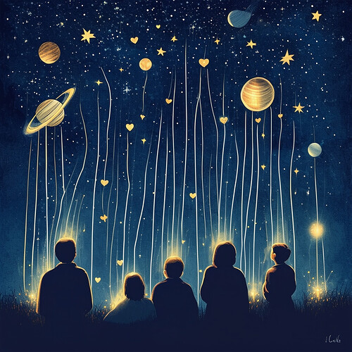 Figurative illustration of people still living shown looking up longingly at the night sky, thin beams of light flowing from their hearts to those of passed loved ones amidst the stars and planets - showing an enduring connection