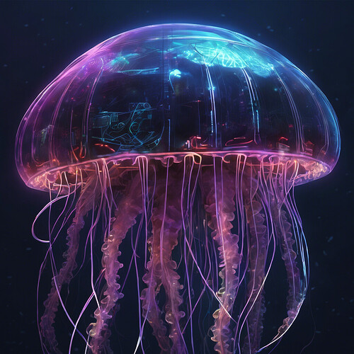 a hyper-detailed cybernetic jellyfish, pulsing with neon lights, floating in a dark cyber-sea