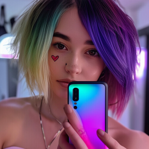 A young woman taking a mirror selfie while holding up an RGB-lit ROG gaming phone, showing off her two-toned hair in a choppy bob cut with darker roots and lighter ends framing her face, a small intricate heart tattoo under her left eye standing out