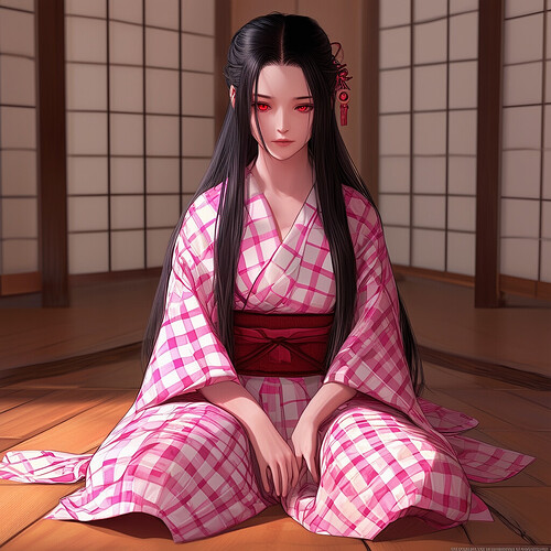 Nezuko in a live action rendering sitting on a wooden floor, softly lit with cinematic lighting, long dark tresses draped over traditional pink checkered kimono, delicate facial features and ruby gaze conveying innocence and inner turmoil