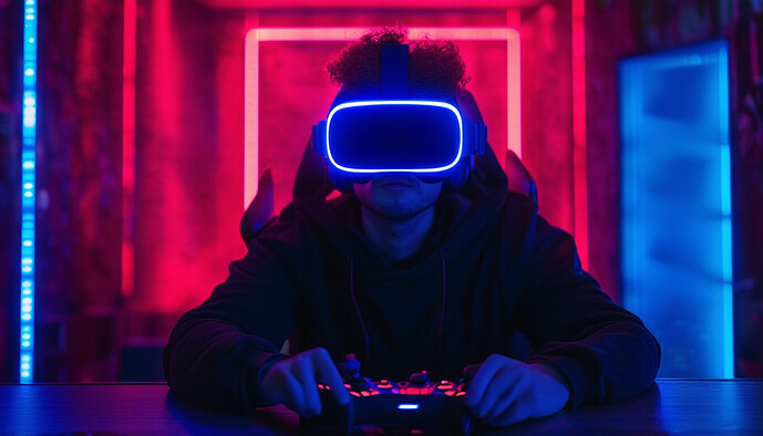 digital art of a hardcore gamer with glowing vr headset in a tricked out gaming cave with leds, cinematic lighting