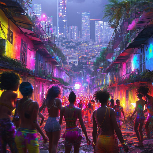 A vibrant, sci-fi style favela in future Brazil 2077 hosting a LGBTQ baile funk celebration with dazzling light art and bouncing dance energy: featuring queer youth with colorful futuristic fashion/hairstyles and joyfully dancing amidst stark economic contrasts between simple favela homes and towering arcologies visible in background, with a gritty realist look