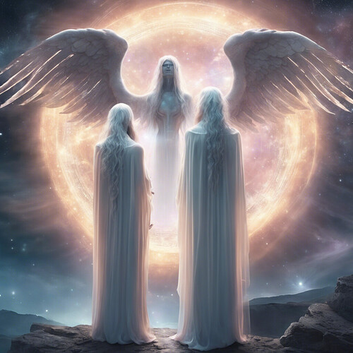 ethereal beings from another dimension watching over us, guiding and assisting humanity, in a supernatural and otherworldly scene