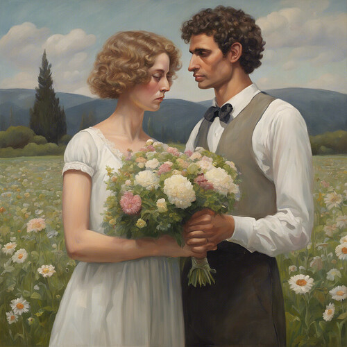 oil painting of a tall, skinny, short-haired, clean-shaven fair skinned man marrying a shorter curly-haired, big-eyed fair skinned woman in a flowering field