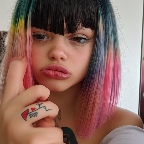 Close-up of a teenage girl with dip-dyed locks in contrasting hues, pouting daringly as she snaps a selfie reflected in a mirror. Her bicolored blunt fringe is chopped straight above innocent eyes, distinguished by a delicate scarlet heart tattoo under the left one.