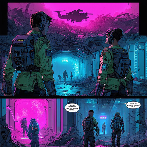 A cyberpunk comic summary of Lost - depicting the plane crash onto a high-tech deserted island, the neon-lit bunkers, a robo-smoke entity, cybernetically-enhanced characters, and dystopian cityscapes in flashbacks as survivors strive to escape through secret portals opened using futuristic devices