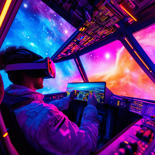 A VR game streamer inside a vibrant, neon-lit futuristic spaceship cockpit, their galactic surroundings visible through the windows as they navigate a space flight simulator