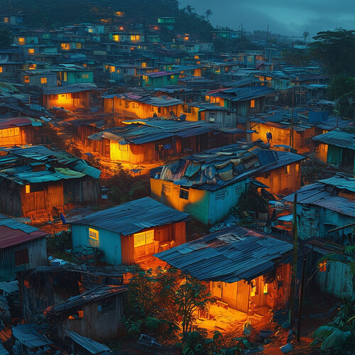 an optimistic portrayal of future Brazilian slums, showcasing improved living conditions, cutting-edge facilities, and a lively palette enhanced by glowing highlights