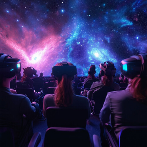 An immersive scene of a virtual reality gamer, headset on, transported to the spectacular cosmic scenery of a distant nebula, streaming their interstellar experiences to a rapt audience