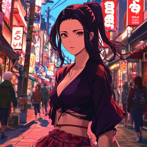 A lifelike portrayal of Nezuko, the beloved character from Demon Slayer, exploring the bustling avenues of present-day Japan, donning a dark, navel-baring blouse and a lively skirt, the image saturated with intense, up-to-date hues