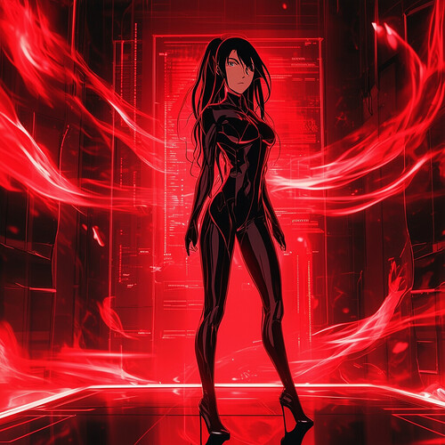 Nezuko illustrated in anime style with red flame-like visual effects surrounding her, wearing a slick futuristic bodysuit and heels, standing in a minimalist black and red room as a holographic display behind her projects data streams flowing across her determined face