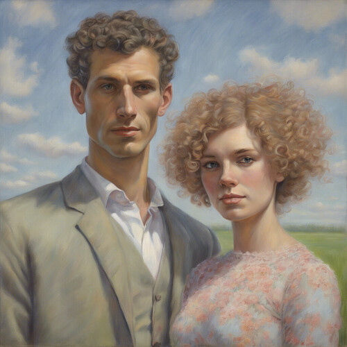 pastel painting of a tall, slim, short cut hair, hairless fair complected man marrying a short, untamed curly locks, noticeable eyes fair complected woman in a blooming pasture