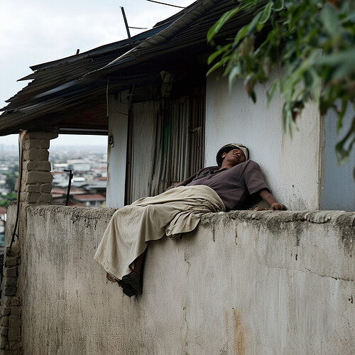 An unusual sight of an individual dozing off while perched on the edge of his home's perimeter wall, his body draped in a comical yet serene manner