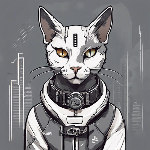 a grey and white cyberpunk cat with a collar saying 'nenem' on it