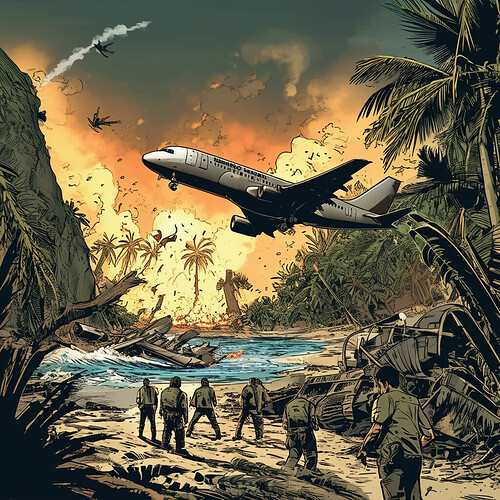 A dramatic comic book style depiction of key scenes from the TV series Lost - a plane crashing onto a mysterious island, survivors trying to stay alive, exploring strange hatches and installations, encountering a smoke monster, characters in shock, culminating in the passengers escaping the island