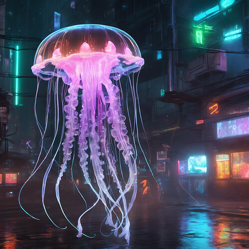 a stunningly realistic bio-mechanical jellyfish, its translucent body laced with glowing tech, in a neon-soaked cyberpunk world