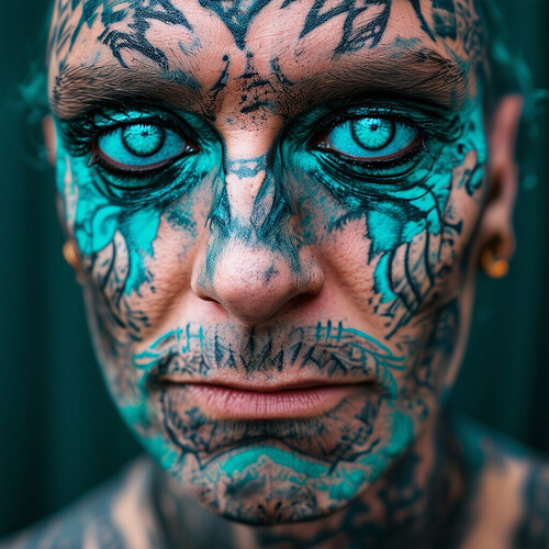 a striking portrait of a heavily tattooed individual with vibrant turquoise sclera