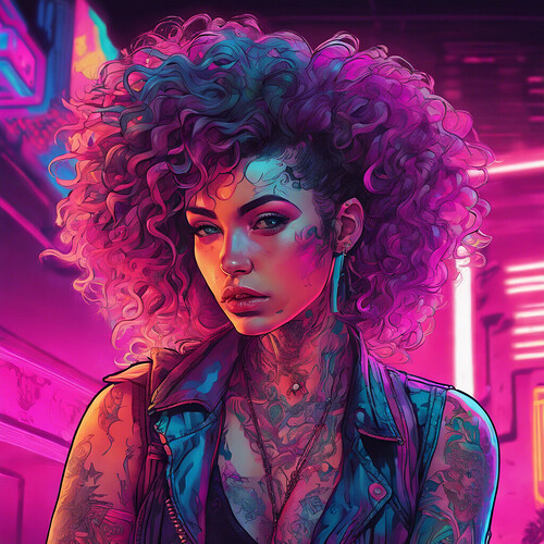 a woman with wild curly hair and an intricate full-arm tattoo, rendered in a neon synthwave aesthetic