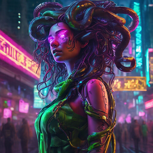 a realistic portrayal of the gorgon Medusa, her serpentine locks replaced with mechanical tendrils, amidst a neon-lit cyberpunk city