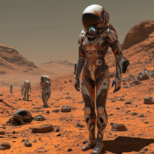 A burgeoning civilization on the rust-hued expanses of Mars composed of cybernetically and biologically adapted post-humans, complex sigil-like dermal pigmentation patterns helping regulate homeostasis, clad in skintight high-tech gear with adapted respiration, building a stylish, avant-garde settlement