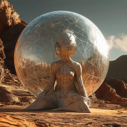 Pioneering inhabitants of Mars' barren frontier radically transformed into an exotic new species - physiques etched with cryptic glyphs allowing solar energy processing, heads enclosed in a liquid-crystal glass apparatus filtering CO2, architects of an innovative society inside mirrored geodesic domes