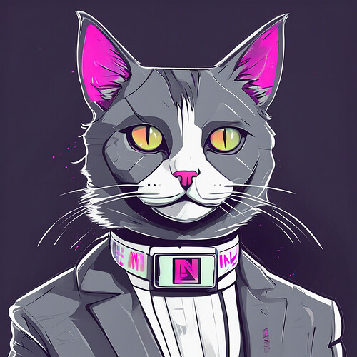 a grey and white synthwave style cat wearing an ID collar saying 'nenem'