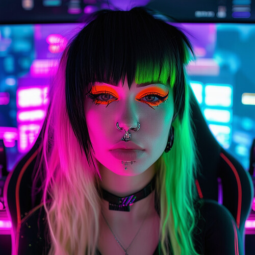 An alternative girl with bisected black and blonde locks, mismatched orange and green graphic eyeliner artfully applied, multiple subtle facial piercings glinting under Streaming lights - broadcasting latest shooter gameplay to her fans on Twitch while ensconced in an ergonomic, color-customized gamer cockpit workstation