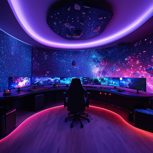 Ultramodern gamer den with sweeping celestial projections across the walls and ceilings, cosmic matter simulations giving an outer space feel, state of the art curved gaming monitors at a U-shaped desk equipped with spatial soundbars and tactile sensory feedback gloves and chair, space rocks levitating decoratively