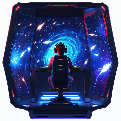 Cinematic perspective rendition of a young gamer totally immersed in competitive multiplayer game played on trifold display portal with 7.1 surround headphones, reclining on zero-G seat surrounded by holographic constellations and cascading comets that swirl around the chamber in rhythym with in-game action