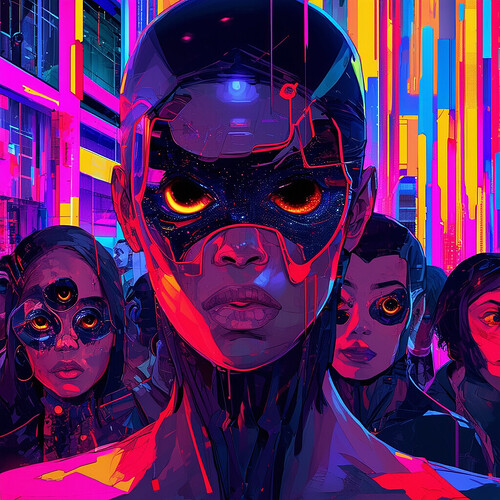 an eye-catching depiction of a cutting-edge society in the year 2100, featuring individuals with entirely dark sclera, surrounded by a dynamic, contemporary environment filled with bold hues