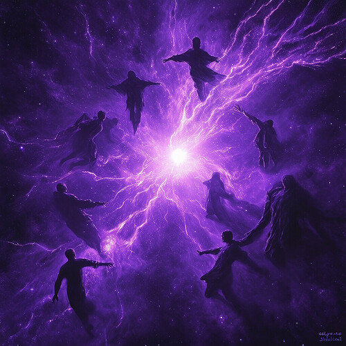 A dark purple cosmic nebula glowing ethereally, shining filaments coming from human figures floating in the cosmos, converging on a central glowing core - symbolizing bonds between those alive and passed into the great beyond