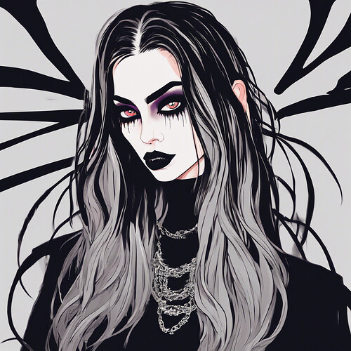 a striking 1.8m tall gothic single mother with flowing black locks and bold eye makeup, capturing her allure for social media in a cutting-edge tenebrous style