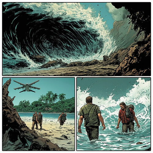 A comics vignette presenting highlights from Lost - Oceanic 815 splitting violently over the sea, key protagonists on the beach and dense jungle terrain, coming upon subterranean Dharma hubs, the swirling pillar of soot attacking them, intimacies and backstabbing politics, concluded by a great rescue