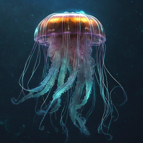 a realistic jellyfish with bioluminescent tendrils, rendered in a futuristic cyberpunk style