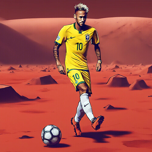 Neymar the Brazilian soccer player dribbling a soccer ball on the red rocky surface of Mars